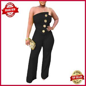 Strapless Off Shoulder Jumpsuit Wide Leg Romper Loose Fit Polyester